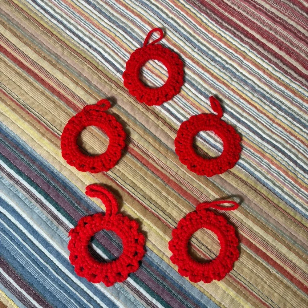 Handmade Crochet Christmas Ornaments Set of 8 Red Wreaths and Glitter Stars
